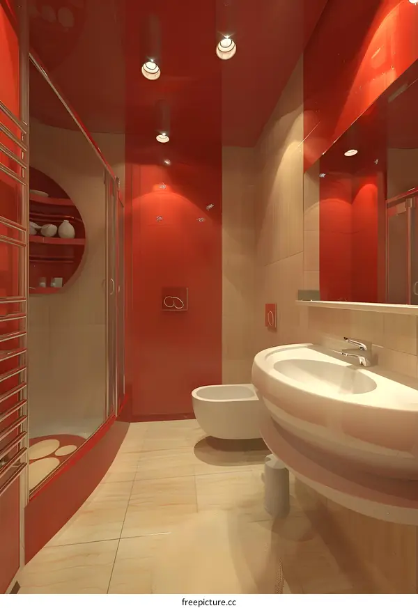 Red and Beige Modern Bathroom Design with Shower and Sink