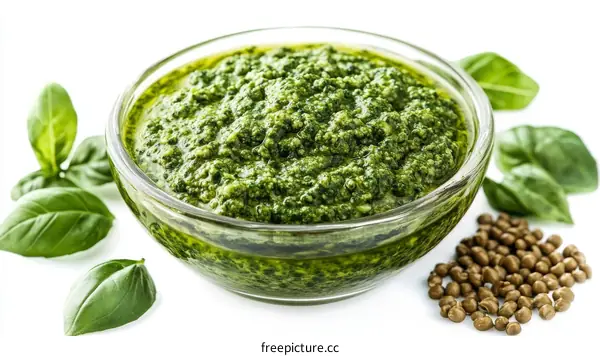 Fresh Pesto in Glass Bowl with Basil Leaves