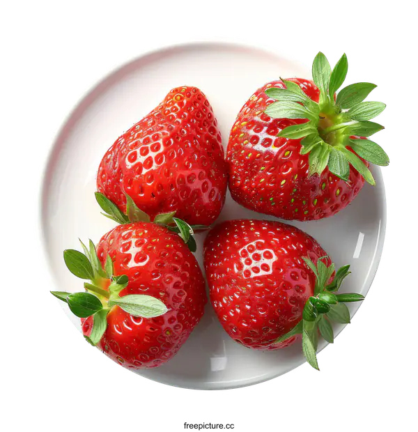 [Transparent Background PNG]Four ripe red strawberries on a white plate