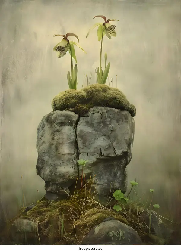 Two Green Orchids Growing on a Moss Covered Rock