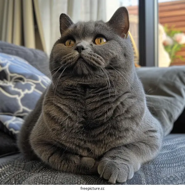 A gray British Shorthair cat is sitting on a couch looking up