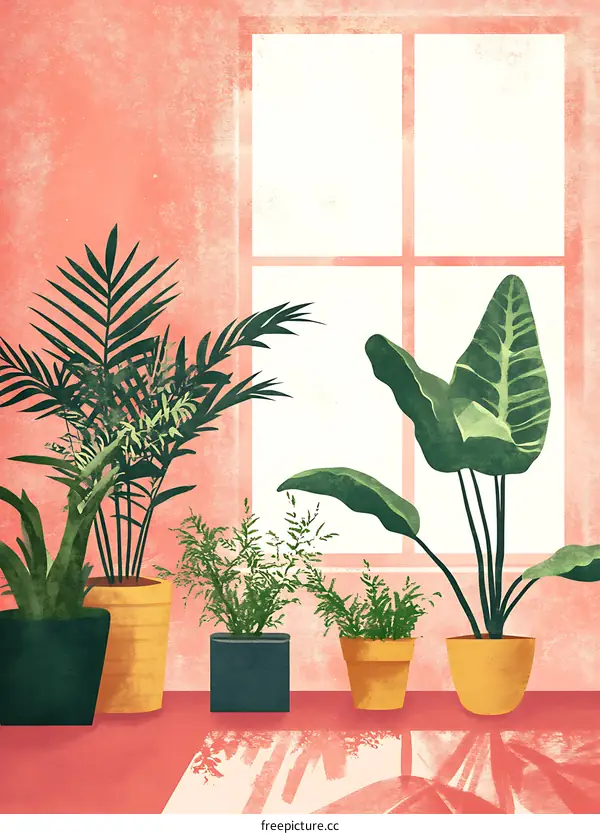 Pink Wall Windowsill with Green Plants