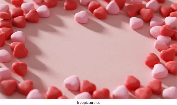 Heart-shaped candies arranged in a circular pattern on a pink background