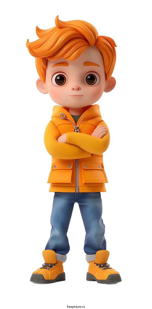 [Transparent Background PNG]Confident Boy in Orange Jacket