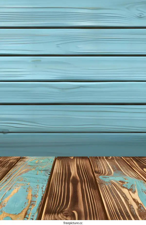 Rustic Wooden Tabletop with Blue Background