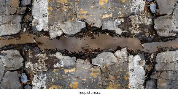 Major cracks in the pavement and a large water puddle.