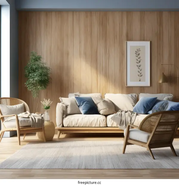 Stylish living room featuring muted blue sofa, wooden paneling and decorative elements