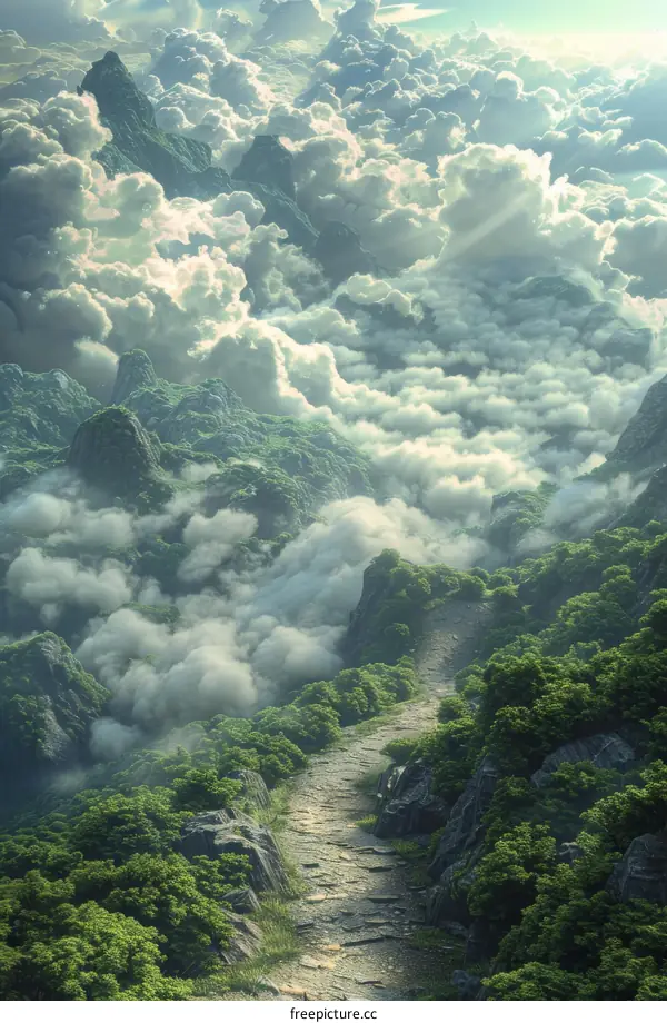 Winding Mountain Path Through Clouds