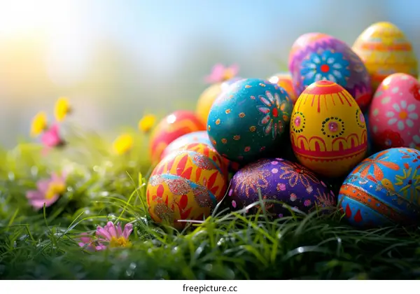 A Pile of Decorated Easter Eggs on Green Grass
