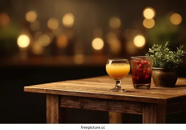 Two Drinks on Wooden Table in a Bar Setting