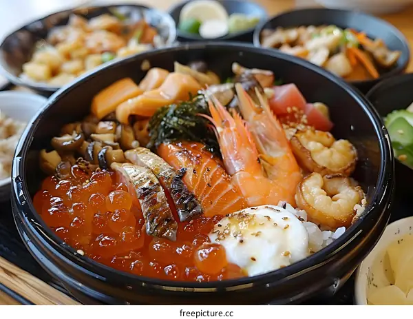 A delicious and healthy Japanese dish with salmon, shrimp, roe, and vegetables