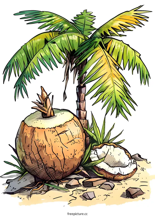Palm Tree with Coconuts on the Beach