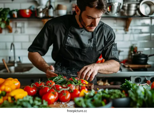 Young male chef carefully preparing ingredients for cooking