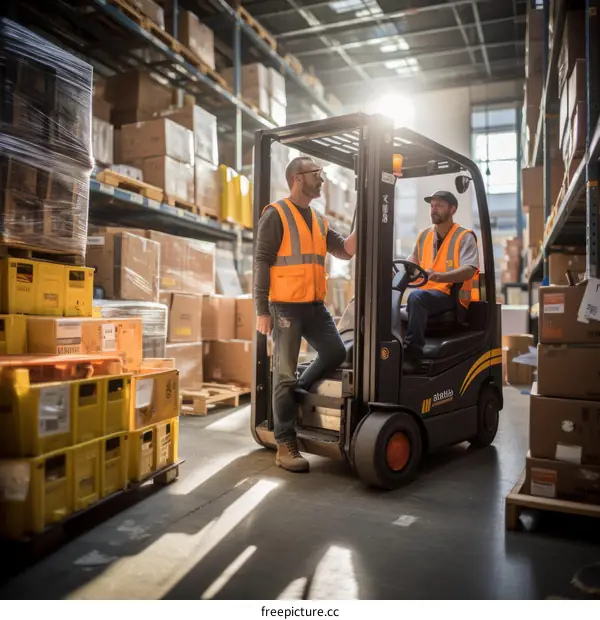 Two warehouse workers operate a forklift in a busy warehouse.