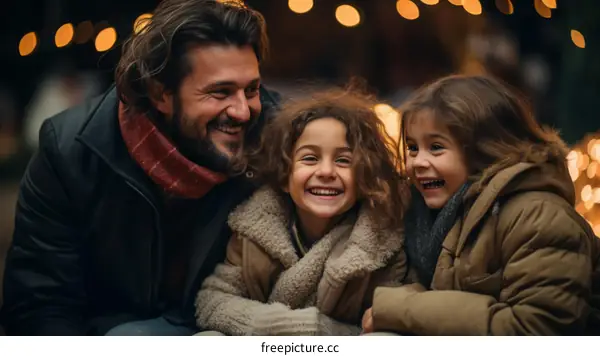 Father and daughters laughing together in the winter