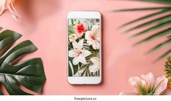 Pink Background With Phone Displaying Flowers