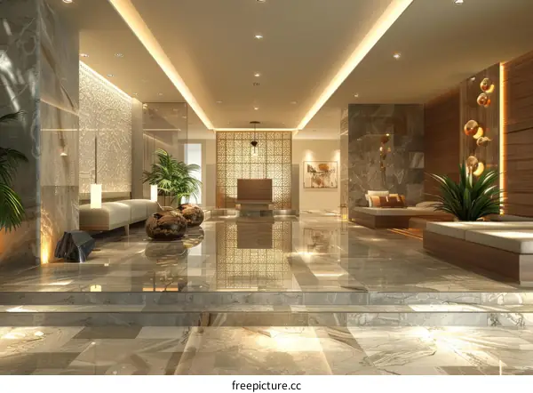 Modern Interior Design with Marble Floor and Wooden Elements