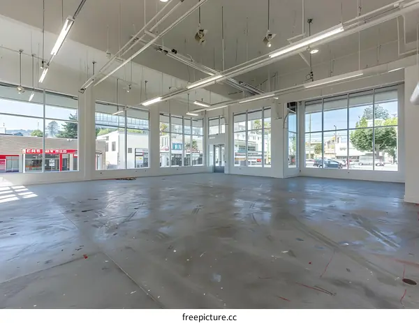 Empty Commercial Space With Large Windows And Concrete Floor