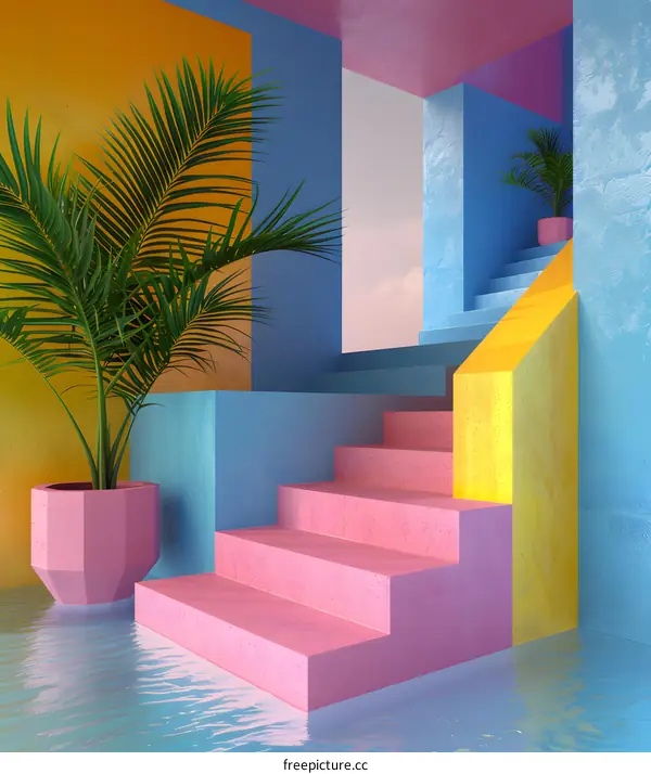 Pink stairs and blue water in a colorful 3D room
