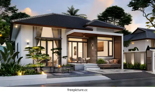 Modern House Design with Tropical Plants and Grey Roof