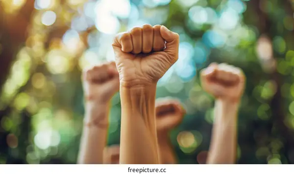 Group of people raising their fists in the air in front of blurred trees
