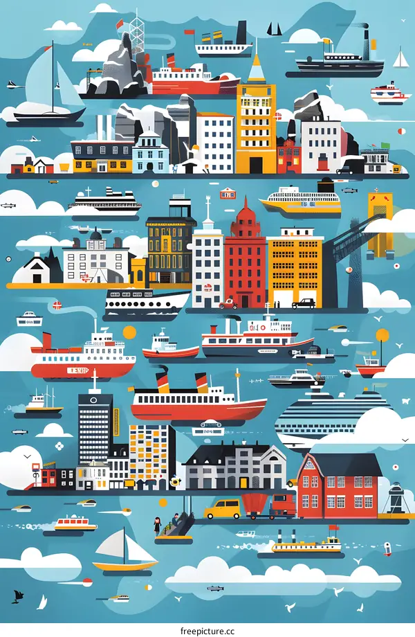 Cityscape Illustration With Colorful Buildings And Ships