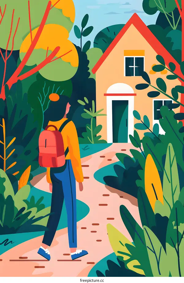 Woman Walking Through Forest Towards House