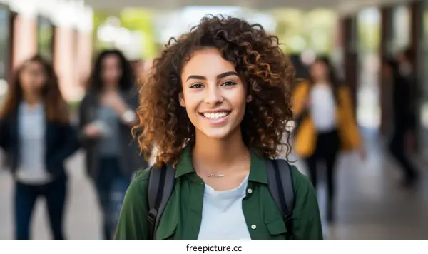portrait of a smiling young woman with curly hair wearing a green jacket