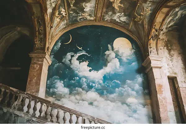 Vintage Fresco Painting of Night Sky with Moon and Stars