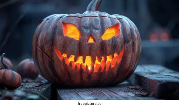 A spooky carved pumpkin lantern with glowing eyes and mouth