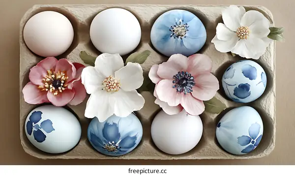 Easter Eggs Decorated with Flowers in a Cardboard Tray