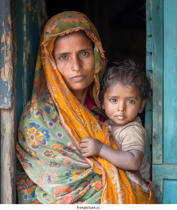 Indian Mother and Child Portrait Poverty