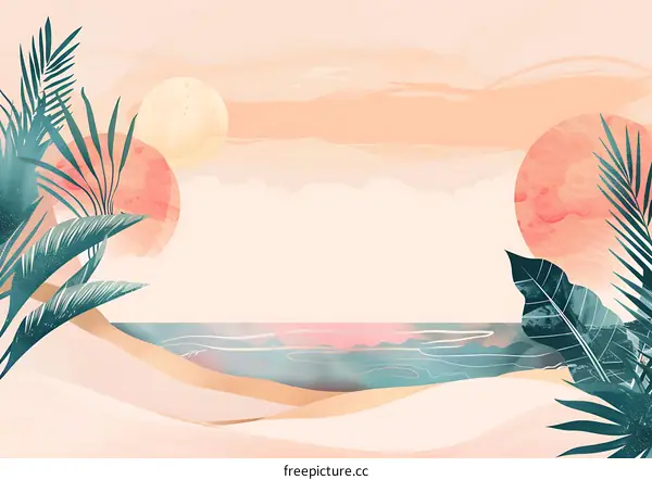 Tropical Beach Sunset Illustration with Palm Leaves and Ocean
