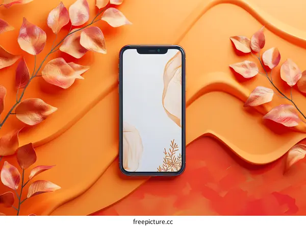 Orange Background with Mobile Phone and Leaves