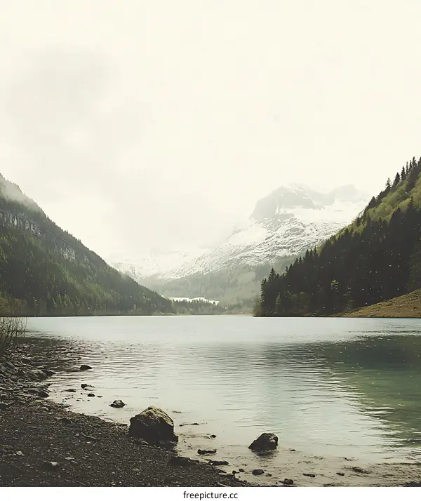 Mountain Lake with Snow Covered Peak