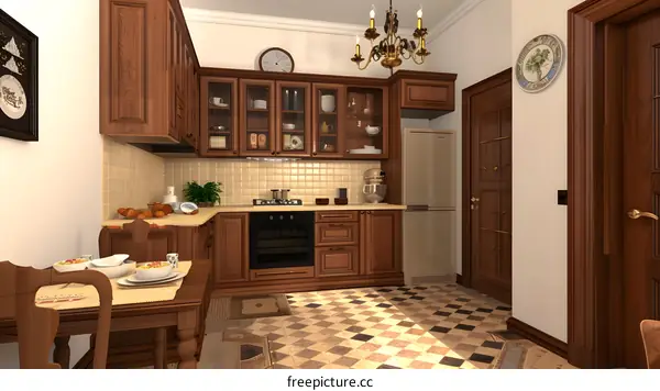 Kitchen Interior Design With Wooden Cabinets And Tiled Floor