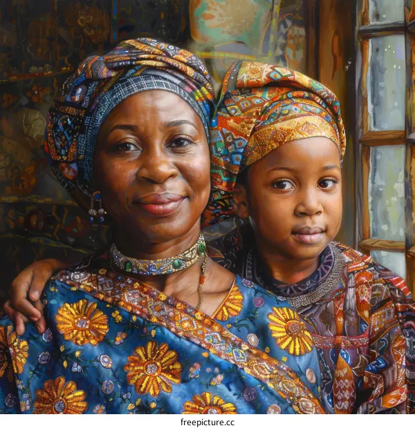 A painting of a mother and her child wearing traditional African clothing