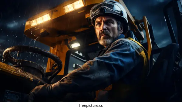 Portrait of a male construction worker wearing a hard hat and safety glasses, sitting in the驾驶座 of a bulldozer.