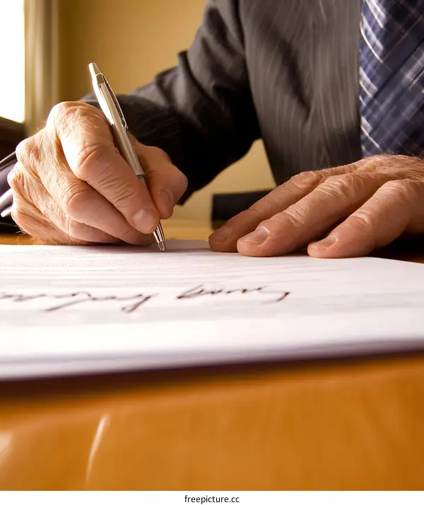Close up of Male Hand Signing Document with Pen