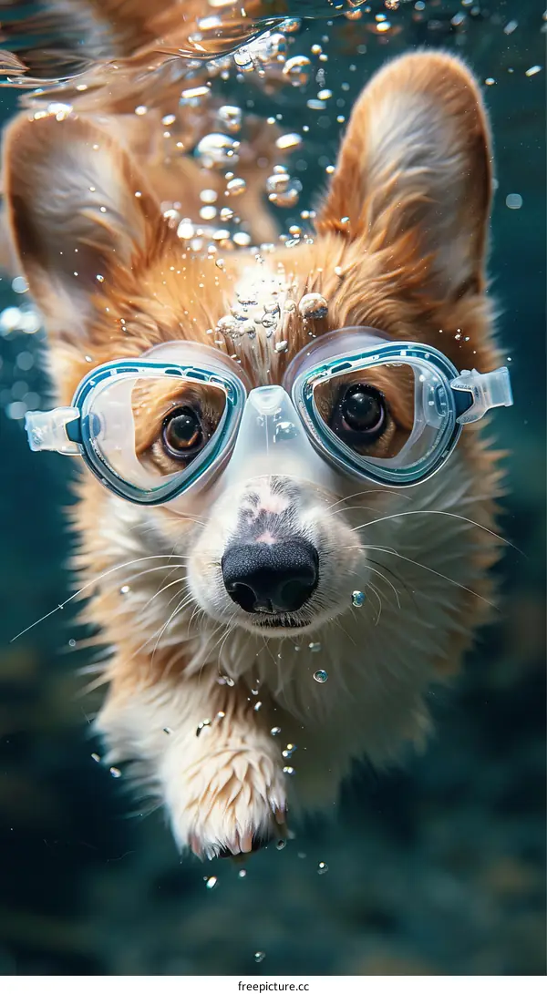 A Cute Corgi Dog Swims Underwater with Goggles