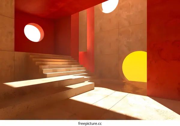 Abstract Minimalist Interior Design with Stairs and Circular Windows