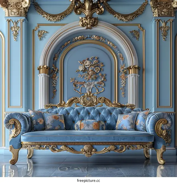 Elegant Light Blue Sofa in Ornate Room