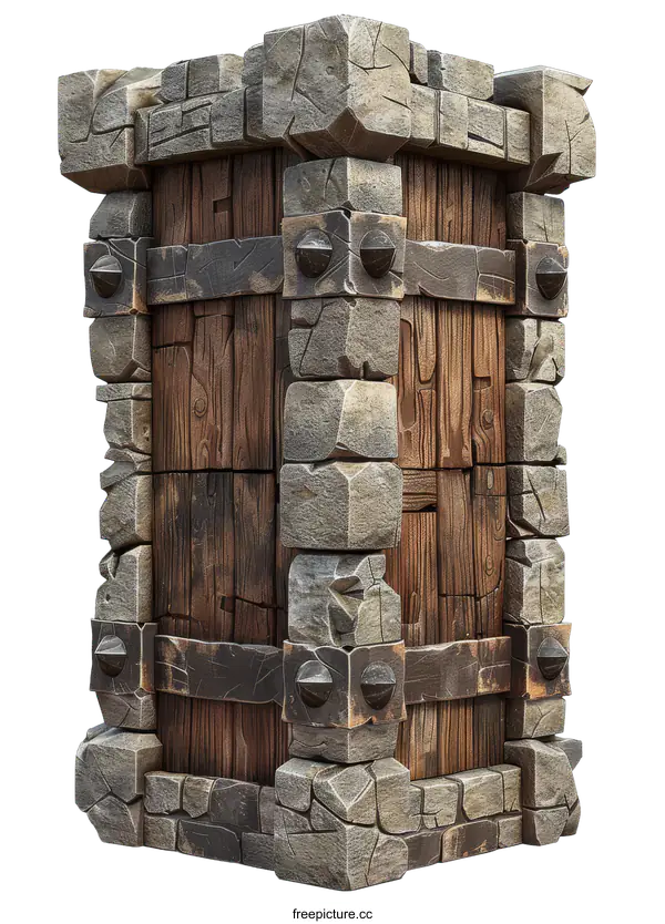 [Transparent Background PNG]3d illustration of a stone wall with wooden door
