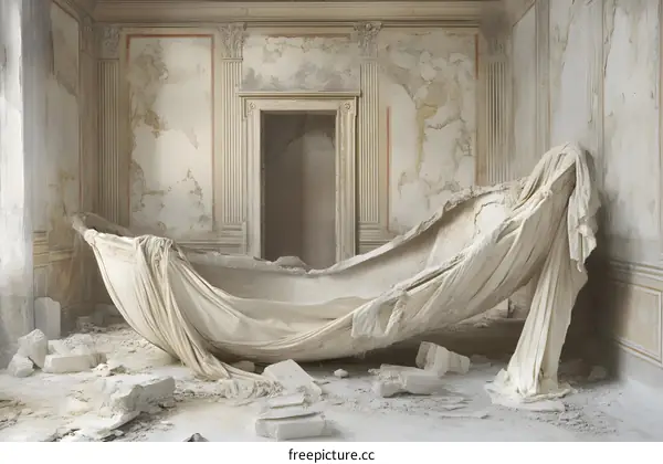 Abandoned Interior With Broken Bathtub Covered In White Cloth