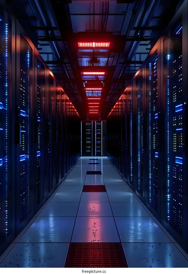 Futuristic server room with red lighting