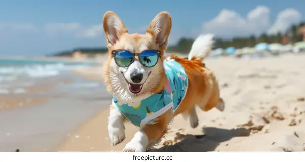 A happy corgi wearing sunglasses runs on the beach