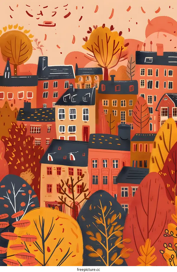 Autumn Cityscape with Colorful Buildings and Trees