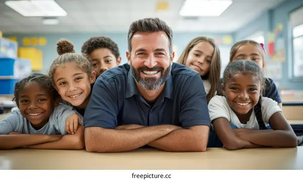 Happy Teacher and Diverse Students in Classroom