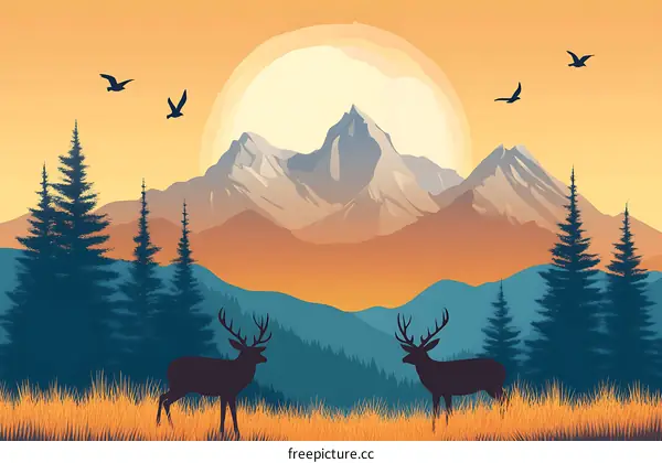 Mountain Landscape with Deer and Birds