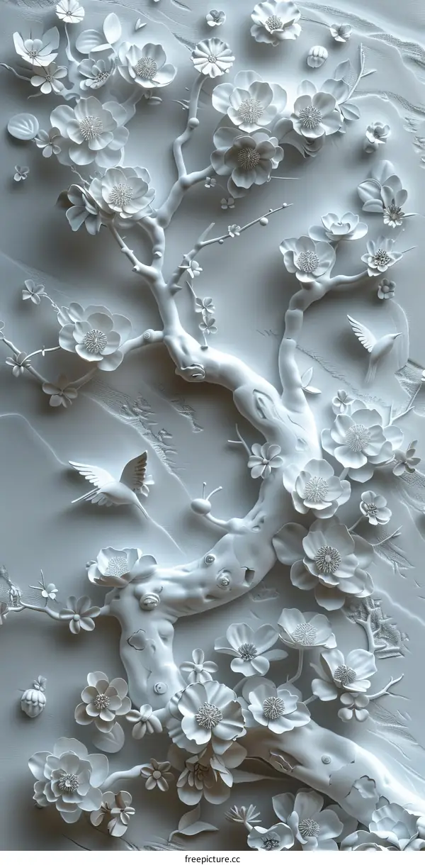 Elegant White Blossoms and Birds in 3D